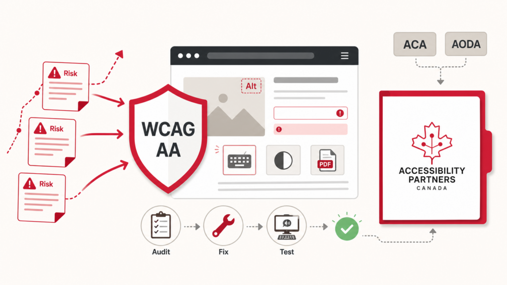 A WCAG AA shield protects a website from legal-risk notices while an Audit, Fix, and Test process leads to ACA and AODA compliance.