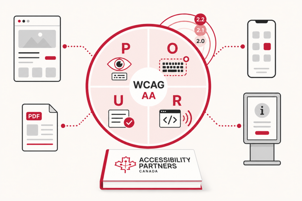 A branded WCAG hub organizes the POUR accessibility principles and connects them to websites, mobile apps, PDFs, and public kiosks.