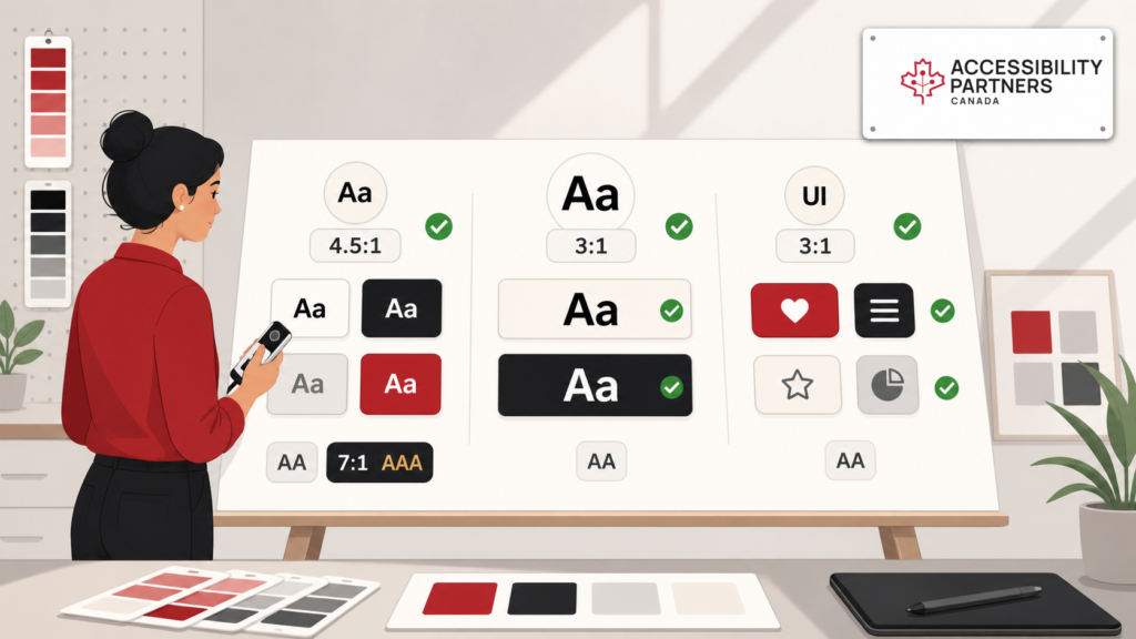 Designer reviews WCAG colour contrast ratios for normal text, large text, and UI elements with Accessibility Partners branding.