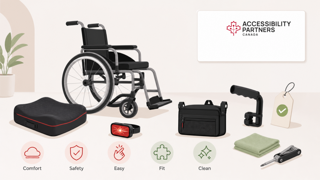 Wheelchair accessory kit shows comfort, safety, ease of use, fit, and cleaning cues with Accessibility Partners branding.