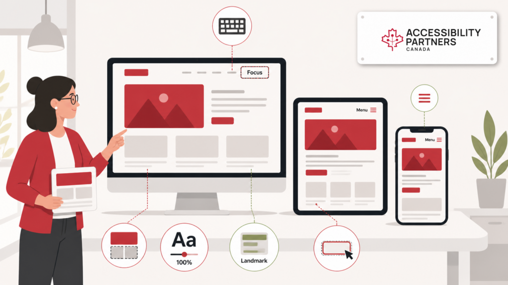 Responsive website appears across desktop, tablet, and mobile with zoom, keyboard focus, landmarks, menu, and Accessibility Partners branding.