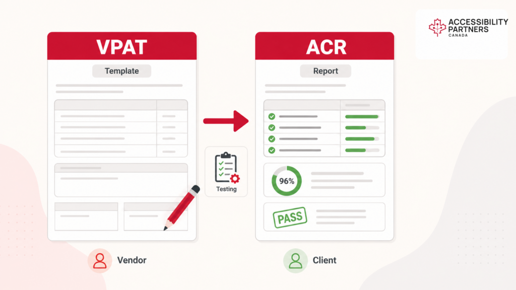 comparison shows VPAT as a blank template changing into ACR as a completed accessibility report with Accessibility Partners branding.
