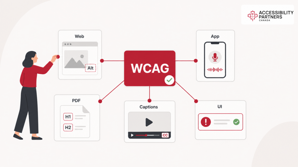Plain digital accessibility diagram connects WCAG with web, app, PDF, captions, and UI accessibility cues under Accessibility Partners branding.