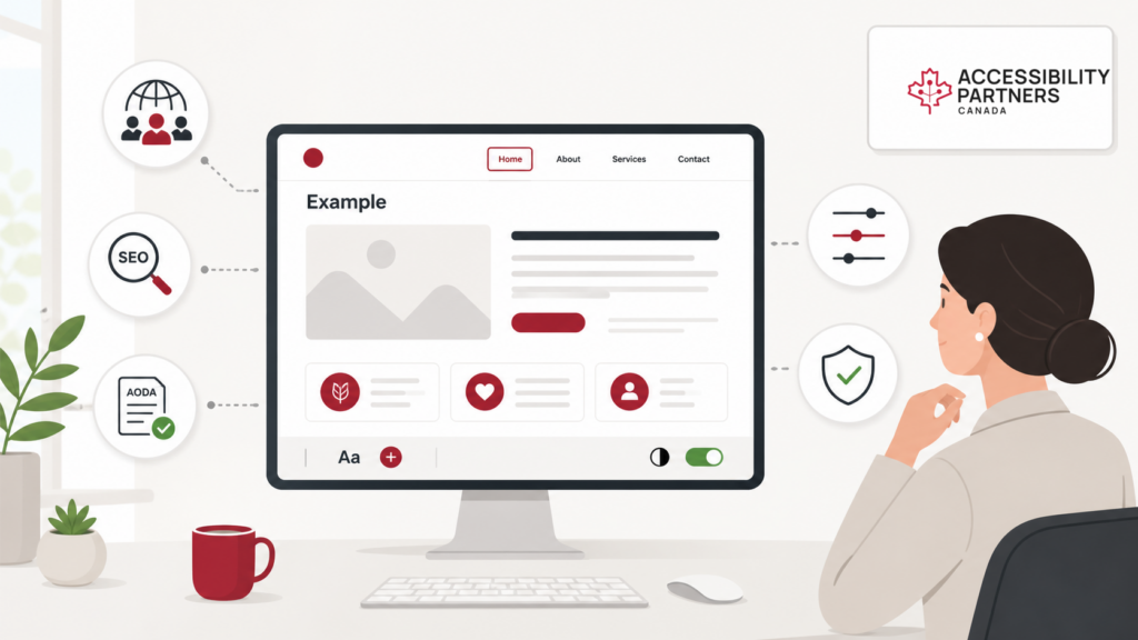 Person reviews an accessible website example with SEO, AODA compliance, usability, trust, and Accessibility Partners branding.