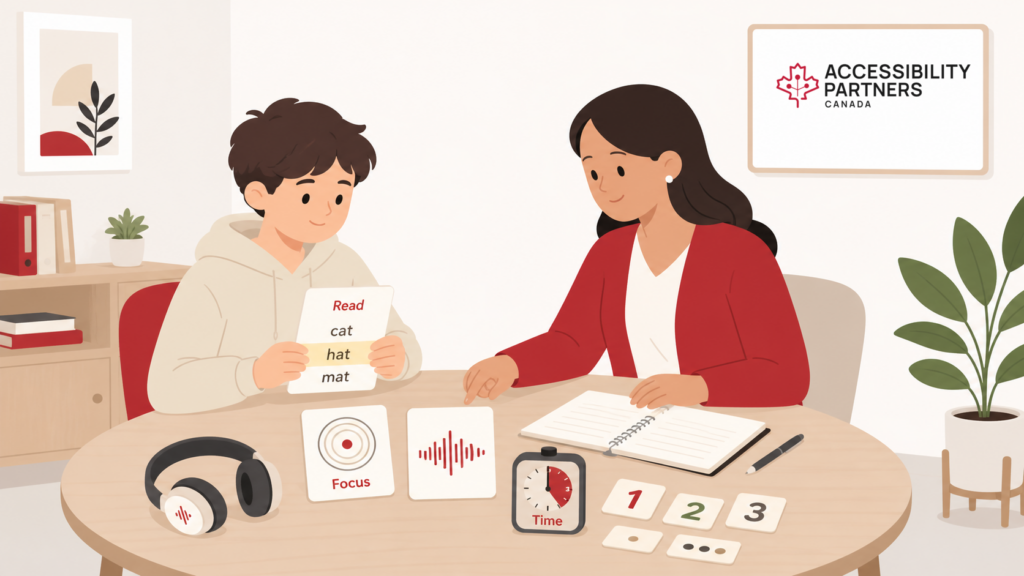 Supportive educator and learner review reading, focus, audio, time, and number activities with Accessibility Partners branding.
