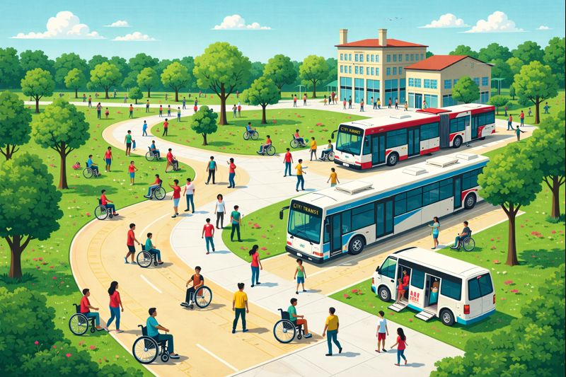 People of various abilities walking and biking in a park, alongside buses, highlighting inclusivity as per AODA standards.