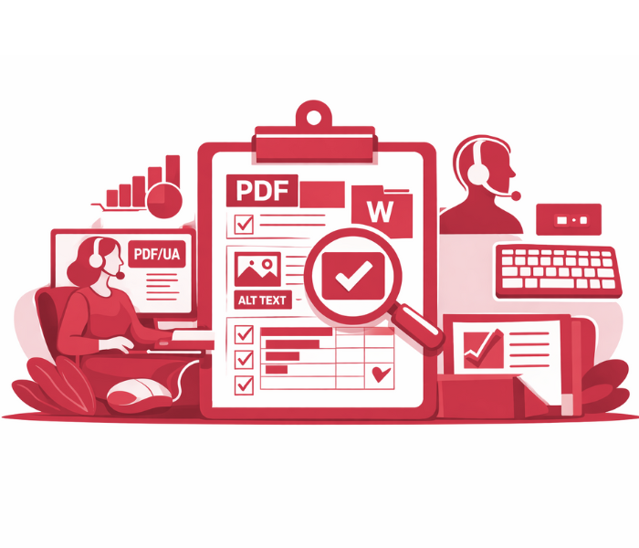 Illustration showing document accessibility remediation, including PDF tagging, alt text, and compliance checks.