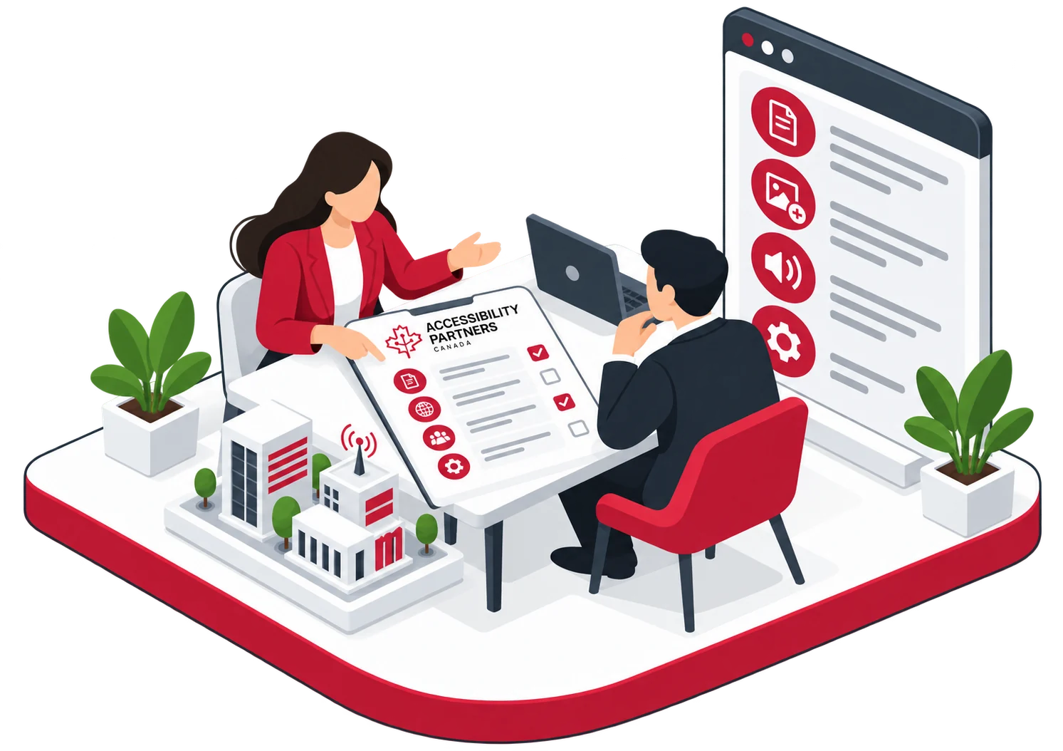 Consultant and client review an ACA accessibility plan for physical and digital services.