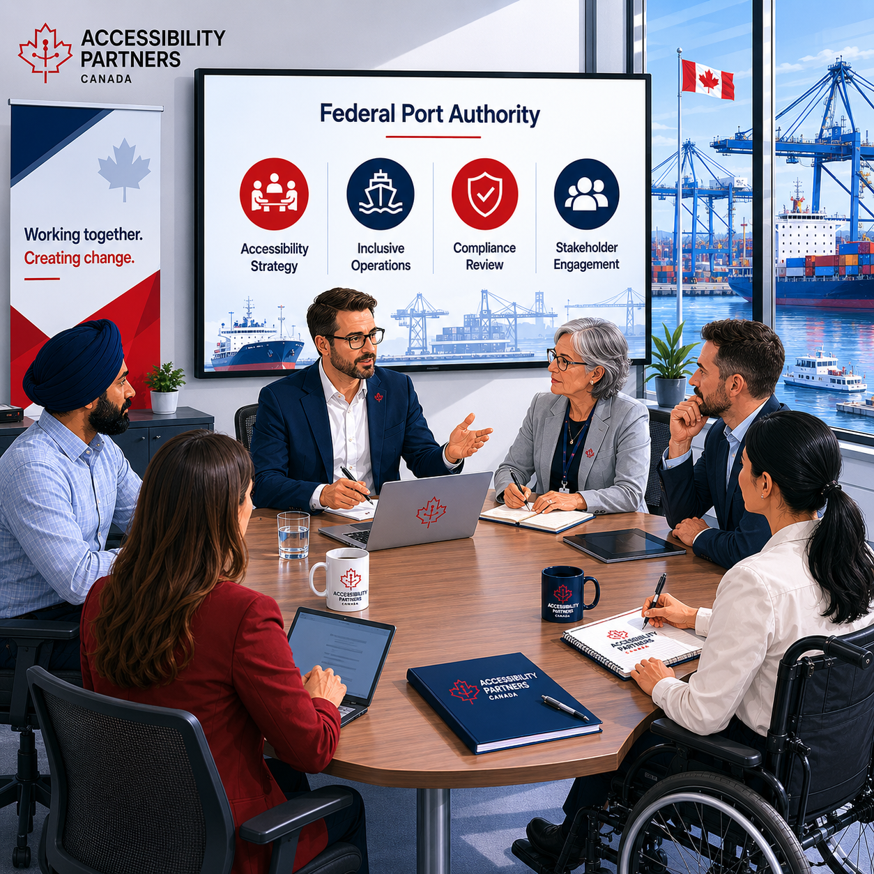 Federal Port Authority meeting about accessibility planning and passenger services in a modern office near a Canadian port.