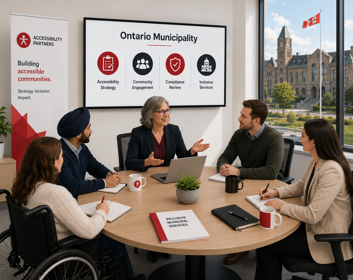 People attending an Ontario Municipality accessibility planning meeting with a consultant presenting inclusive community services and compliance strategies in a modern office.