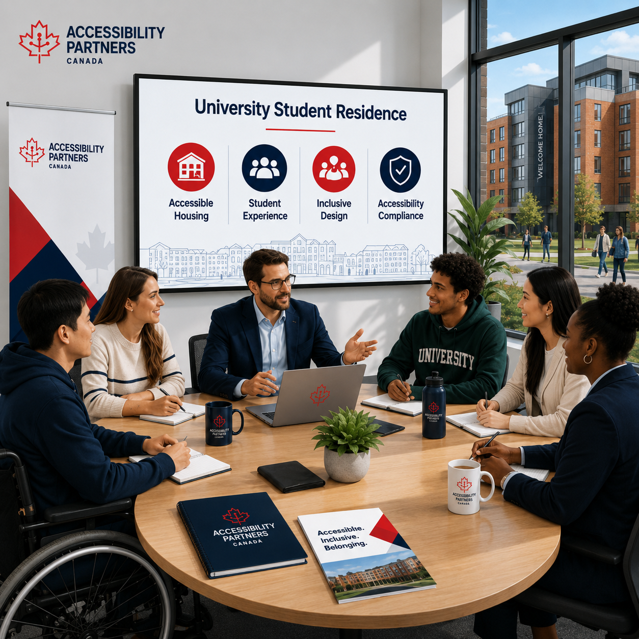 Accessibility Partners Canada team meeting with university students discussing accessible housing and inclusive residence services.