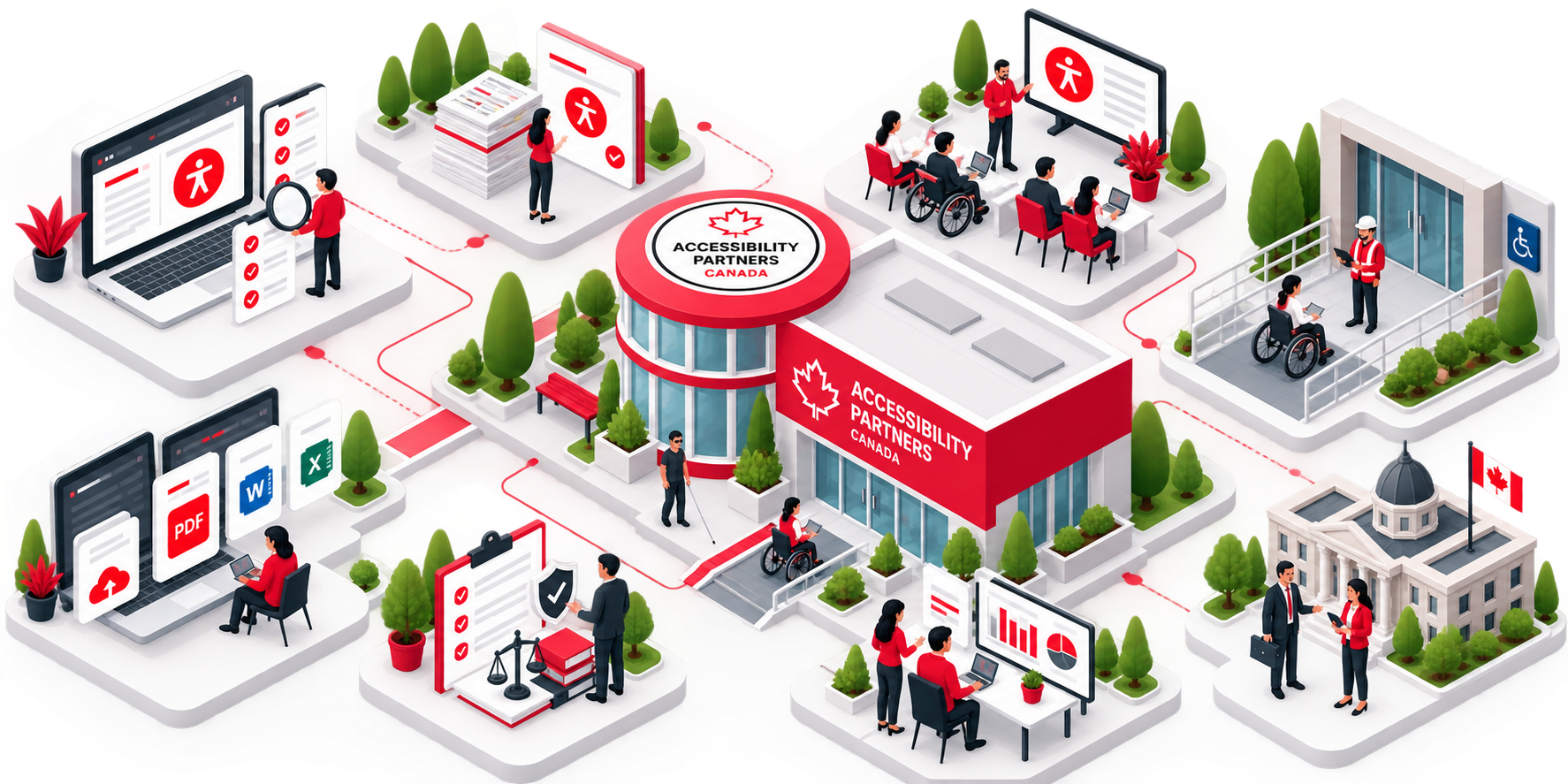 Illustrated Accessibility Partners Canada campus: a central office linked to service hubs for website accessibility audits, accessibility policies and plans, staff training, built environment assessments with a wheelchair ramp, accessible document remediation, legal compliance consulting, audit reporting and government services.
