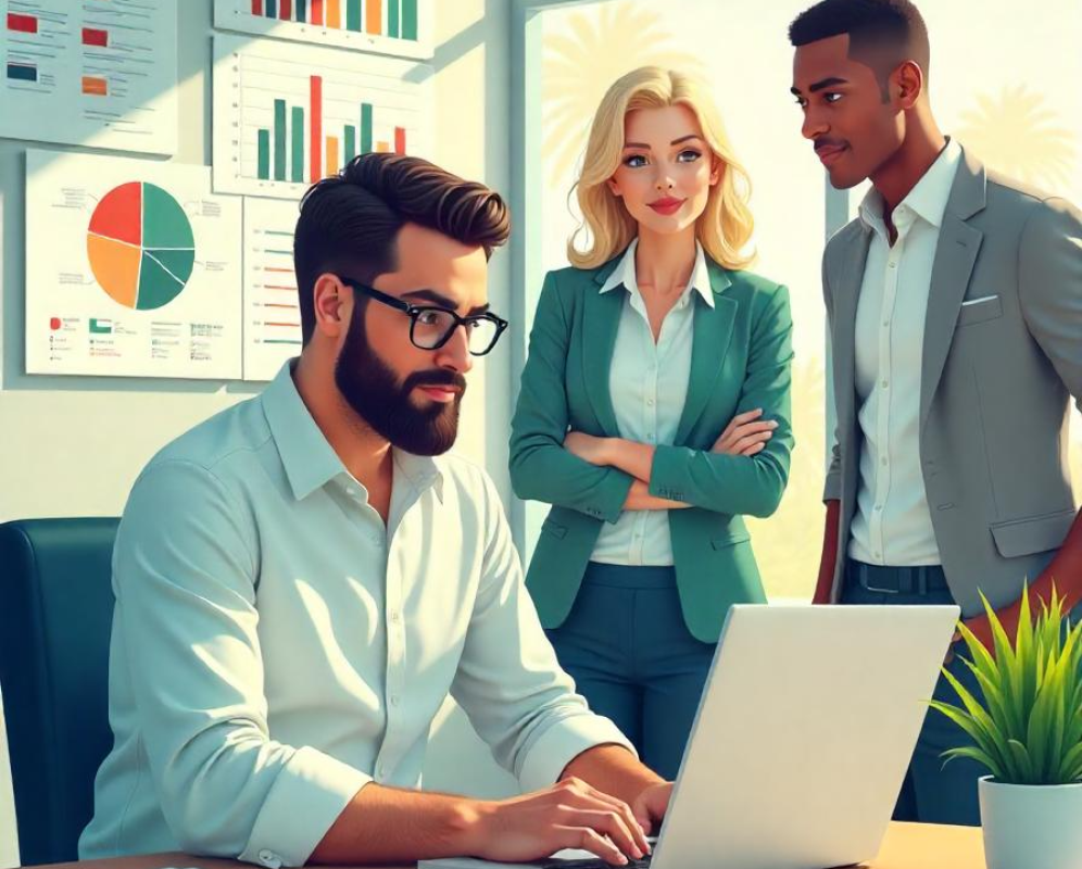AODA Complaince Testing Three business people working together on a laptop in an office on AODA compliance testing.